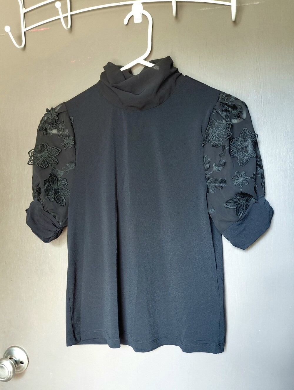 Cable & Gauge Black Mock Neck Top with Floral Appliqué Puff Sleeves